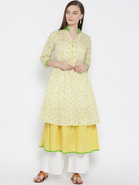 

Ayaany Women Yellow & Green Floral Printed Layered A-Line Kurta
