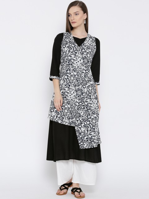 

Ayaany Women Black & White Printed Layered A-Line Kurta
