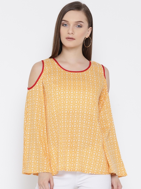 

Ayaany Women Yellow Printed Cold Shoulder A-Line Top