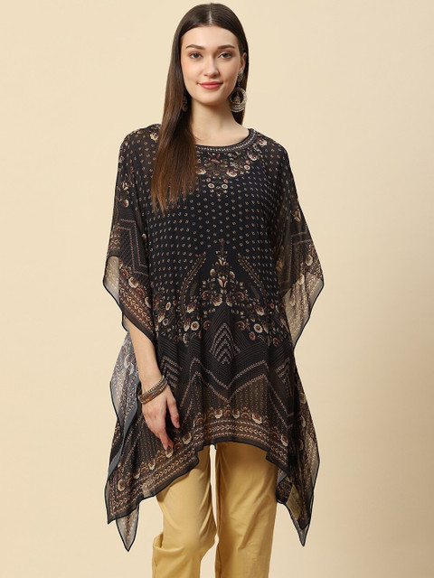 

Meena Bazaar Black Ethnic Motifs Printed Flared Sleeves Pure Georgette Kaftan Kurti