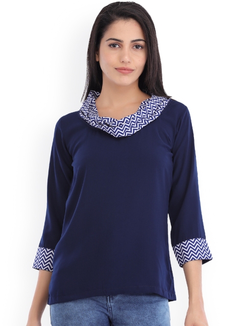 

Cottinfab Women Navy Printed Detail Top, Navy blue