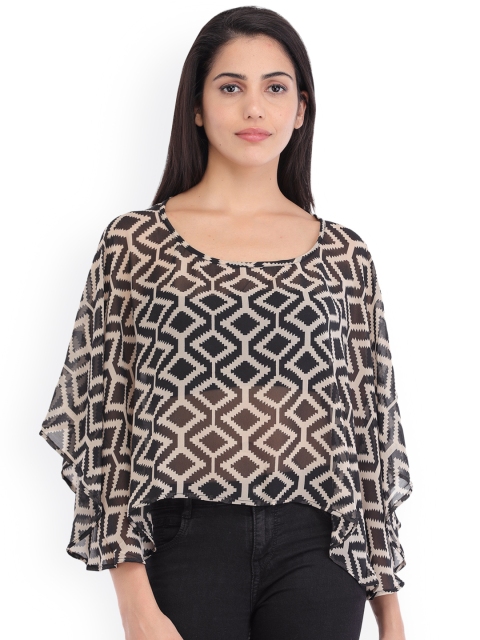 

Cottinfab Women Black & Beige Geometric Print Poncho Top