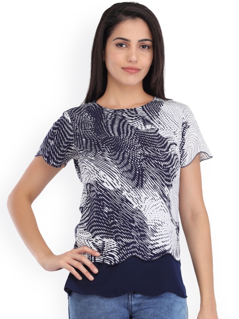 

Cottinfab Women Navy & White Layered Abstract Print Top, Navy blue