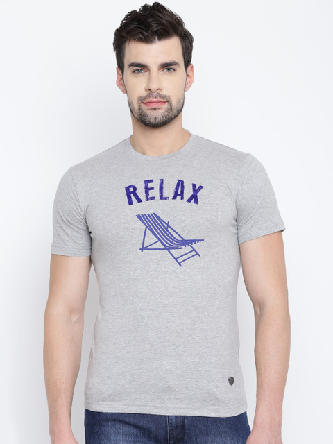 

John Players Men Grey Melange Printed Round Neck T-shirt