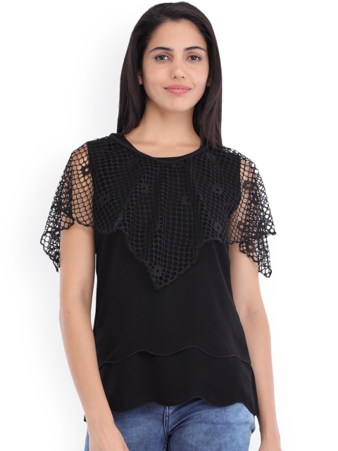 

Cottinfab Women Black Solid Net Layered Top