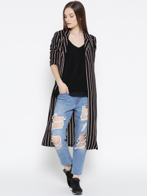 

FOREVER 21 Women Black Striped Open Front Longline Jacket