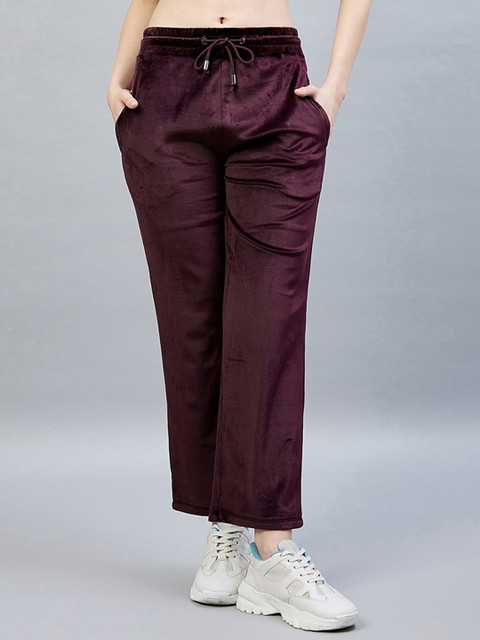 

DELAN Women Burgundy Solid Cotton Regular Fit Track Pants