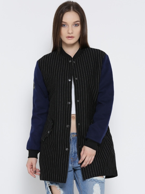 

FOREVER 21 Women Black & Blue Striped Tailored Jacket