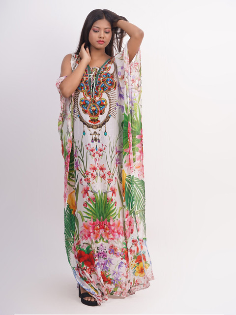 

Rajoria Instyle Women White Floral Printed Tie-Up Neck Kaftan Maxi Dress