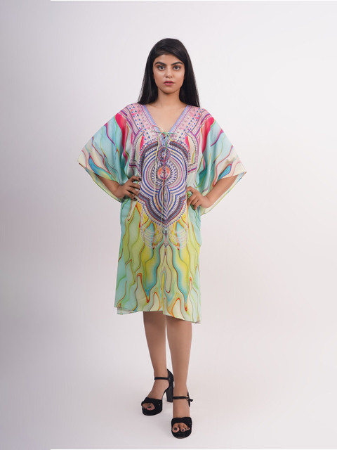 

Rajoria Instyle Women Teal Tie-Up Neck Printed Kaftan Dress