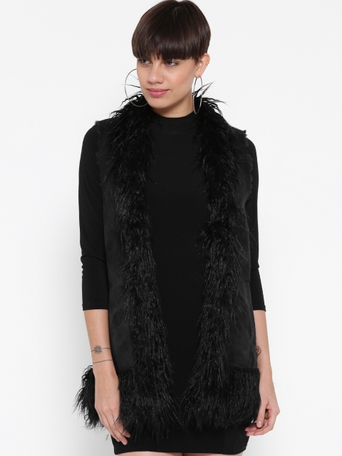 

FOREVER 21 Women Black Faux Fur Trim Solid Longline Jacket