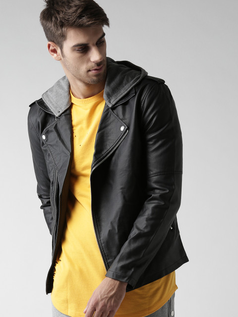 

FOREVER 21 Men Black Solid Biker Jacket with Detachable Hood