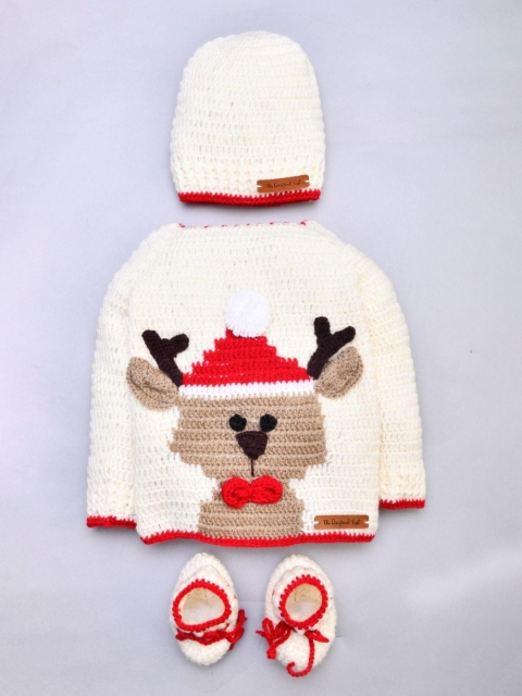 

The Original Knit Kids Off White Reindeer Embellished Handmade Pullover Sweater Set
