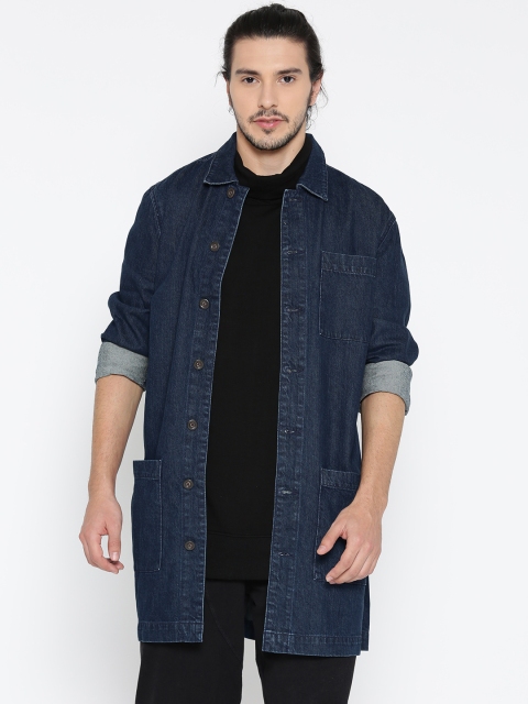 

FOREVER 21 Men Blue Solid Longline Denim Jacket