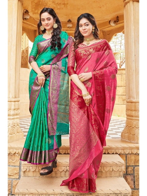 

KARAGIRI Green & Gold-Toned Woven Design Zari Silk Blend Banarasi Saree