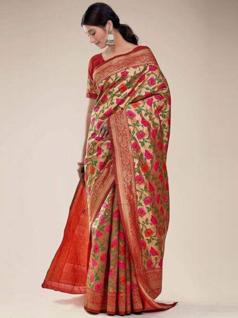 

KARAGIRI Gold-Toned & Red Woven Design Zari Silk Blend Saree