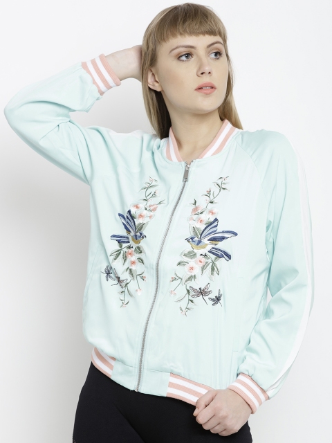 

FOREVER 21 Women Blue Embroidered Bomber Jacket