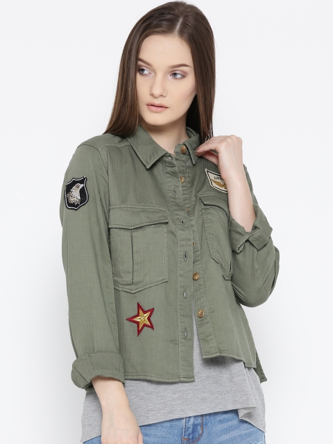 

FOREVER 21 Women Olive Green Casual Shirt with Appliques