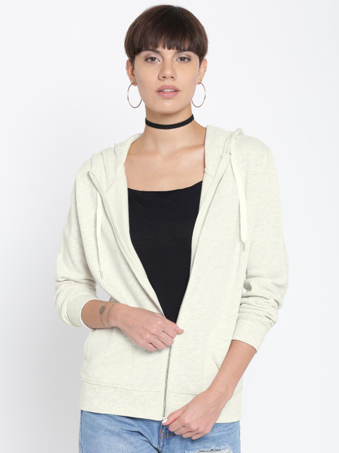 

FOREVER 21 Women Cream-Coloured Solid Hooded Sweatshirt