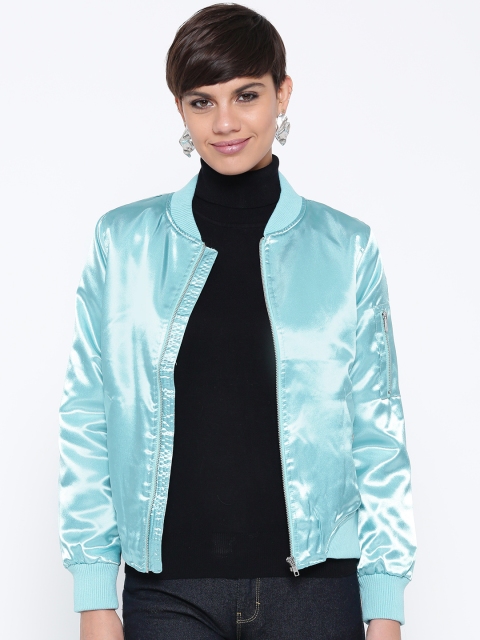 

FOREVER 21 Women Blue Satin Bomber Jacket