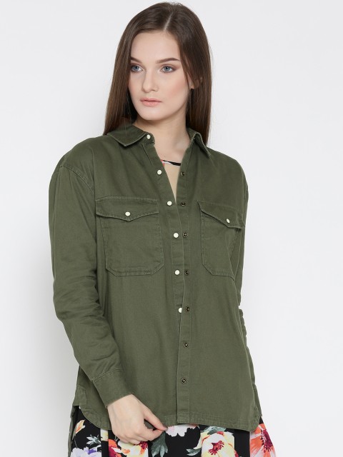 

FOREVER 21 Women Olive Green Solid Casual Shirt