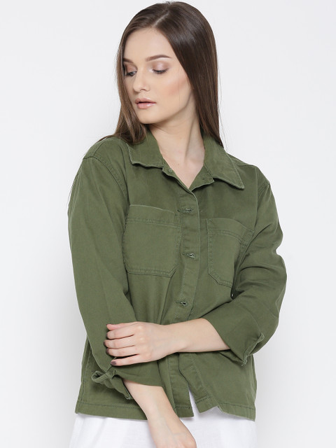 

FOREVER 21 Women Olive Green Solid Denim Jacket