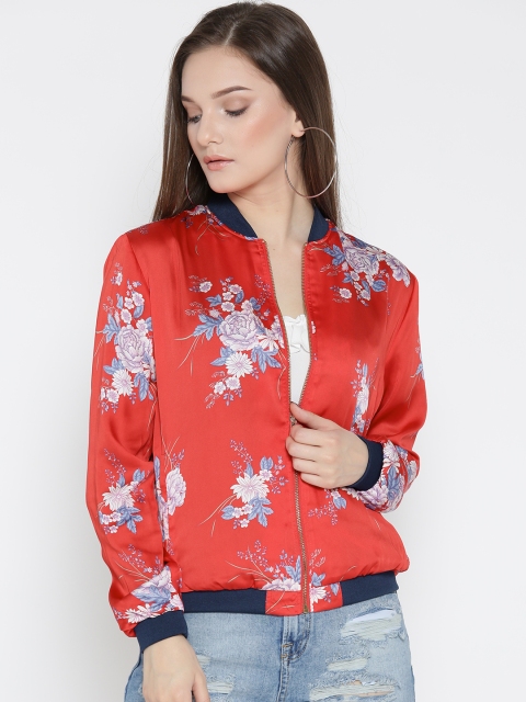 

FOREVER 21 Women Red Satin Floral Print Bomber Jacket