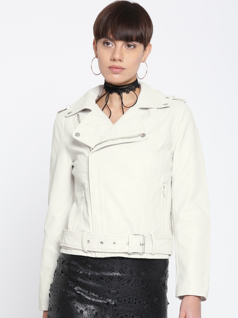 

FOREVER 21 Women Off-White Solid Asymmetric Closure Biker Jacket