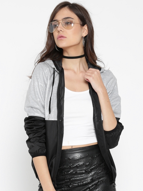 

FOREVER 21 Women Grey Melange & Black Colourblocked Hooded Jacket