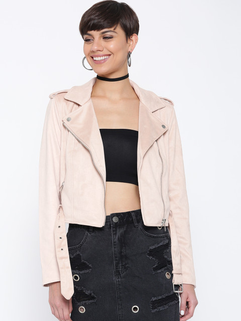 

FOREVER 21 Women Peach-Coloured Solid Biker Jacket
