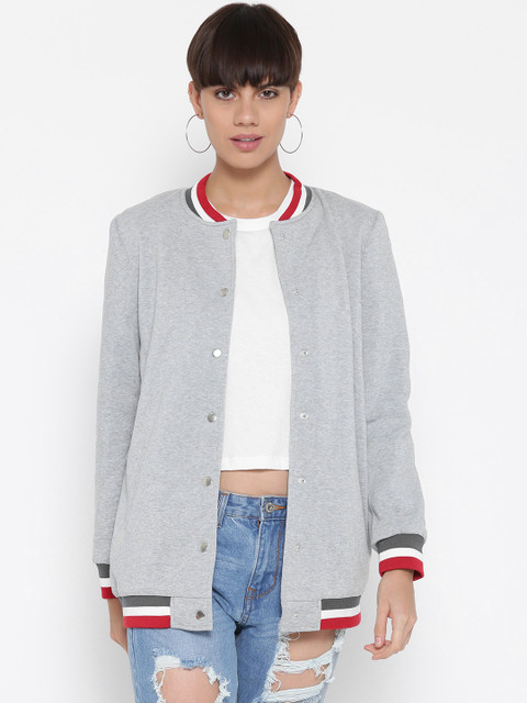 

FOREVER 21 Women Grey Melange Solid Bomber Jacket