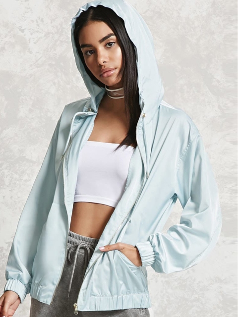 

FOREVER 21 Women Blue Solid Hooded Bomber Jacket