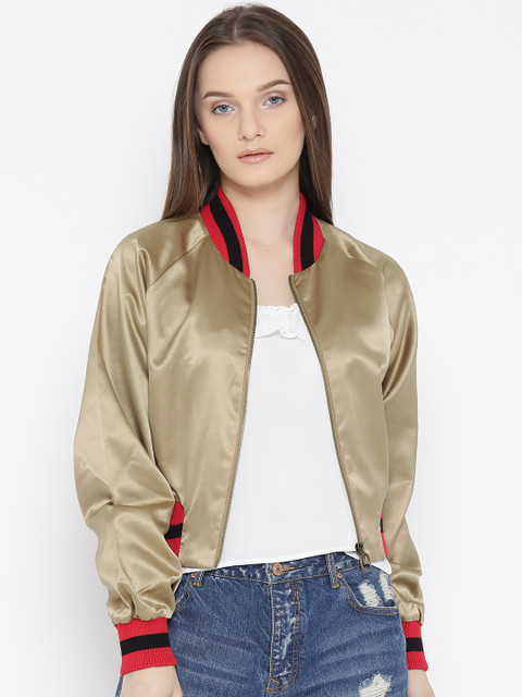 

FOREVER 21 Women Beige Satin Bomber Jacket