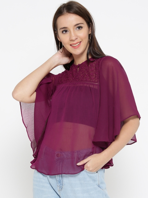 

Pepe Jeans Women Magenta Solid Semi-Sheer Kaftan Top