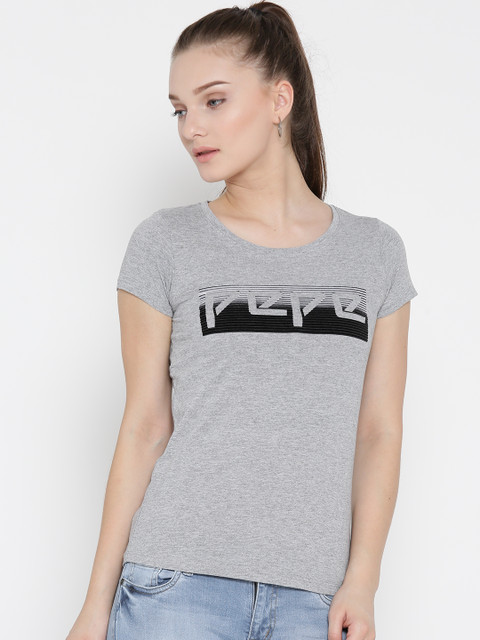 

Pepe Jeans Women Grey Melange Brand Print Round Neck T-shirt