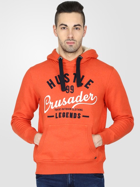 

t-base Men Orange Self-Design Hooded Sweatshirt