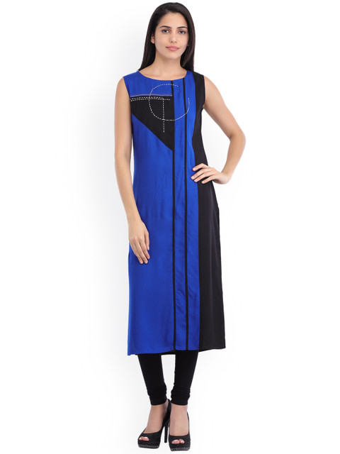 

Cottinfab Women Blue & Black Colourblocked Straight Kurta