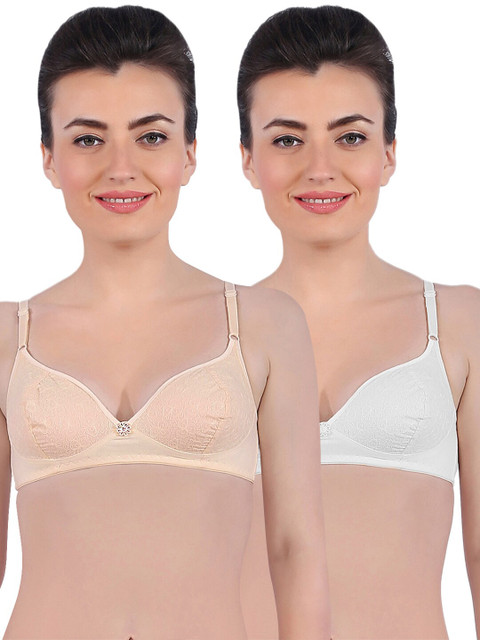 

Sonari Pack Of 2 White & Beige Non Padded & Non-Wired Pure Cotton Bra