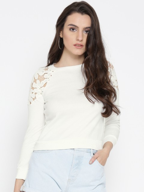 

FOREVER 21 Women White Crochet Detail Sweatshirt