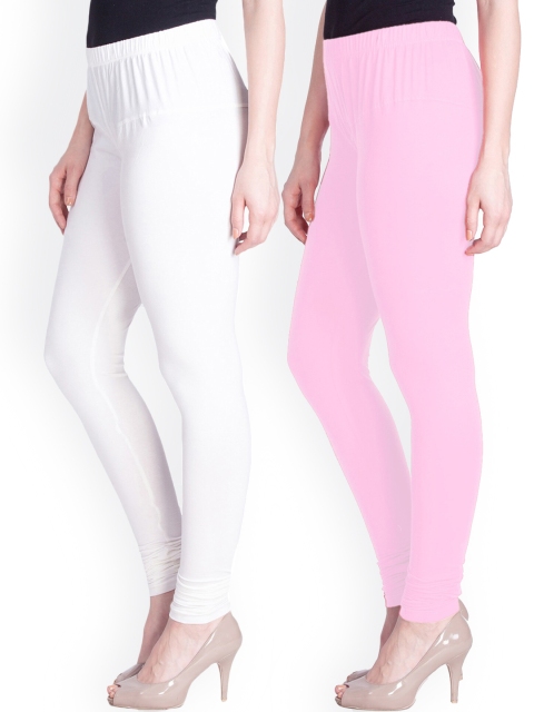 

LYRA Women White & Pink Pack of 2 Cotton Churidar-Length Leggings