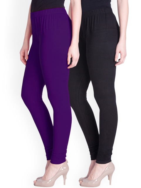 

LYRA Women Pack Of 2 Purple & Black Cotton Churidar-Length Leggings