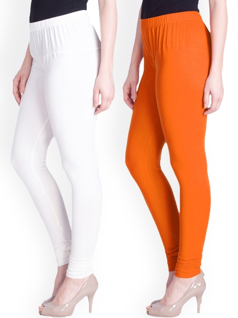 

LYRA Women Pack Of 2 Orange & White Cotton Churidar-Length Leggings