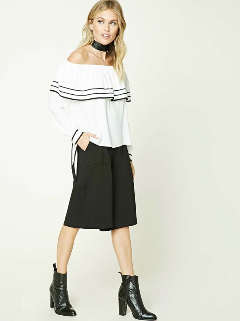 

FOREVER 21 Women White Solid Bardot Top