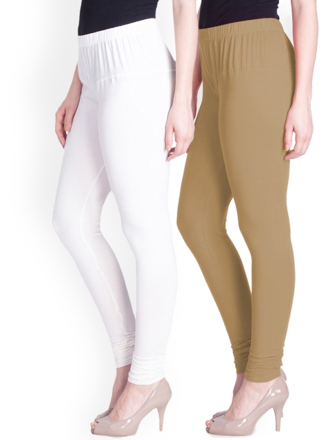 

LYRA Women Pack Of 2 White & Beige Cotton Churidar Length Leggings