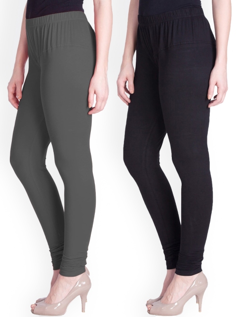 

LYRA Women Pack Of 2 Black & Grey Cotton Solid Churidar Length Leggings