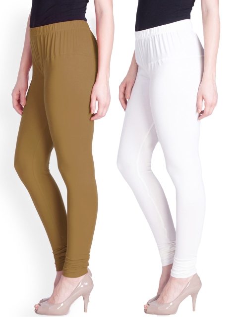 

LYRA Women Pack Of 2 White & Beige Cotton Solid Churidar Length Leggings