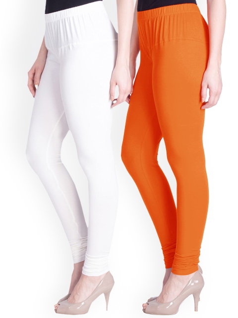 

LYRA Women Pack Of 2 White & Orange Cotton Churidar-Length Leggings