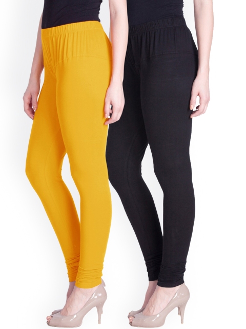 

LYRA Women Pack Of 2 Yellow & Black Cotton Solid Churidar-Length Leggings