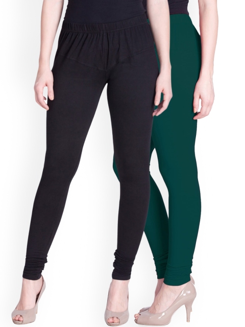 

LYRA Women Pack Of 2 Green & Black Cotton Churidar-Length Leggings
