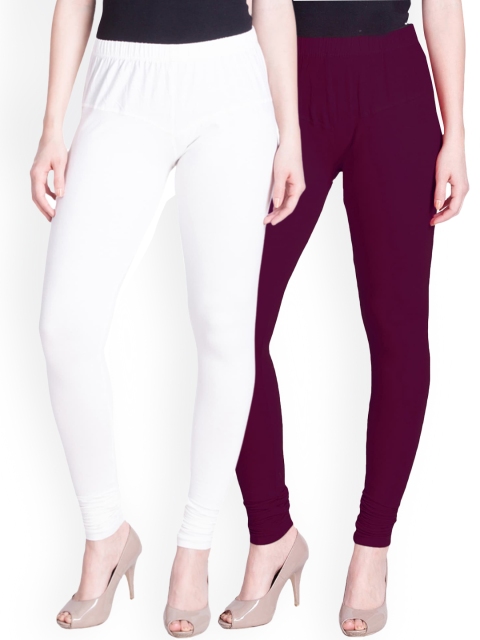 

LYRA Women Pack Of 2 White & Purple Cotton Churidar Length Leggings